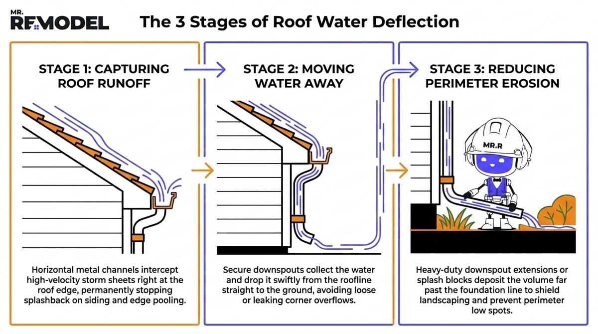 A 3-step technical process infographic detailing roof runoff capture, downspout transit, and extended ground discharge to prevent residential perimeter soil erosion.